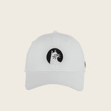 Good Cat — white six-panel cap, front view with the calm cat badge embroidered in black