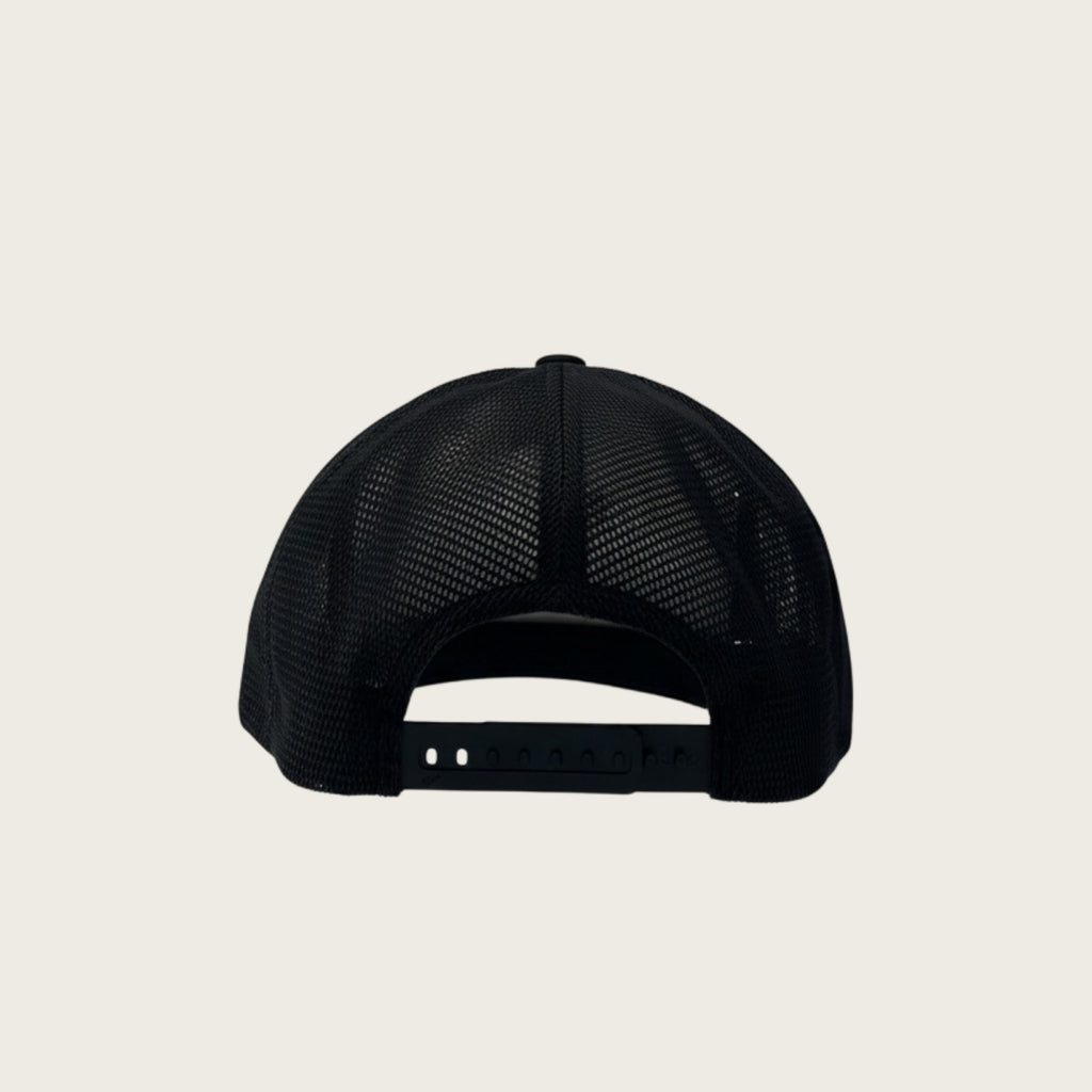 Bad Cat mesh-back trucker cap in black, back view with snapback closure