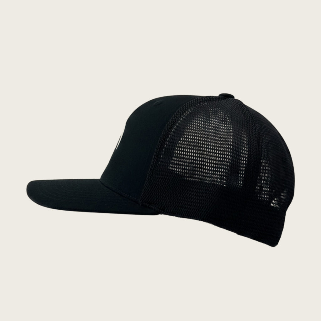 Bad Dog mesh-back trucker cap in black, left side view