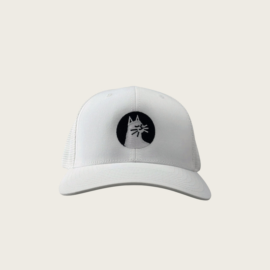 Good Cat mesh-back trucker cap in white, front view, embroidered cat mark