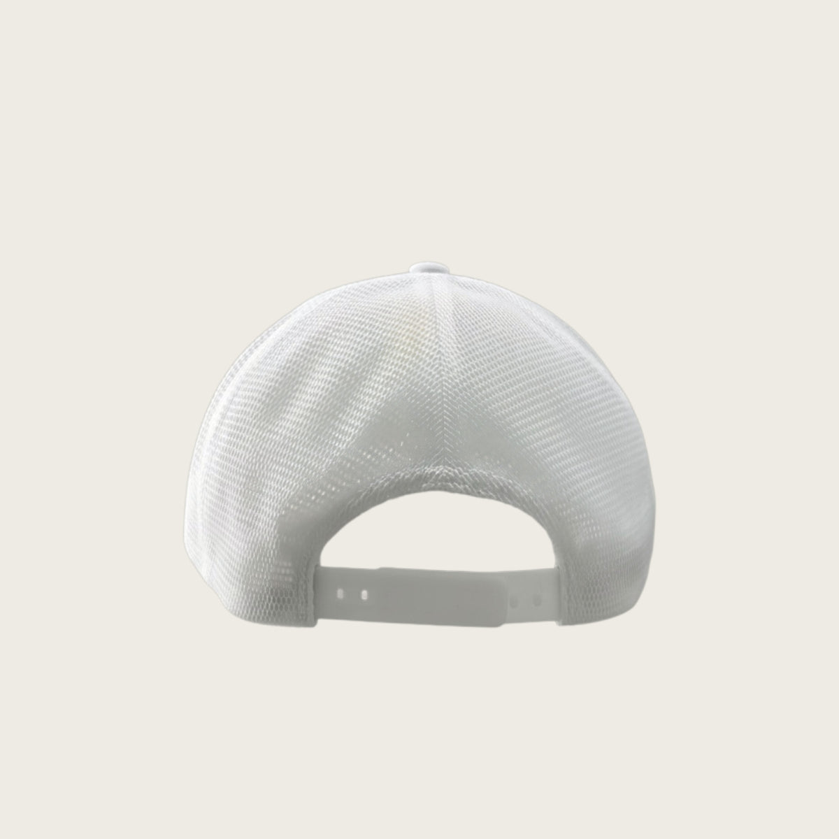 Good Cat mesh-back trucker cap in white, back view with snapback closure