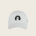 Good Cat — white six-panel cap, front view with the calm cat badge embroidered in black