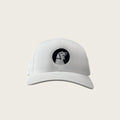 Good Dog mesh-back trucker cap in white, front view, embroidered dog mark