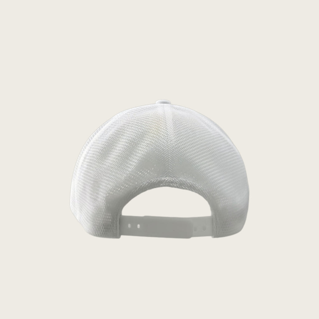 Good Dog mesh-back trucker cap in white, back view with snapback closure