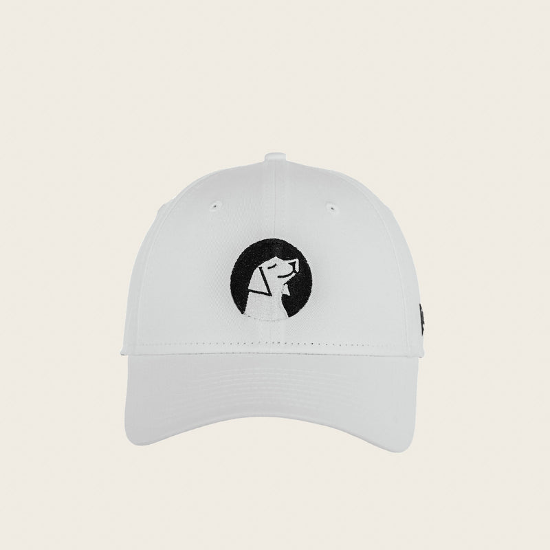 Good Dog cap in white, front view, embroidered dog mark